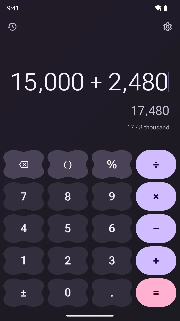 Calsee in Lavender Dusk, a Material 3 Expressive theme with lilac and pink keys, showing 15,000 + 2,480 = 17,480.