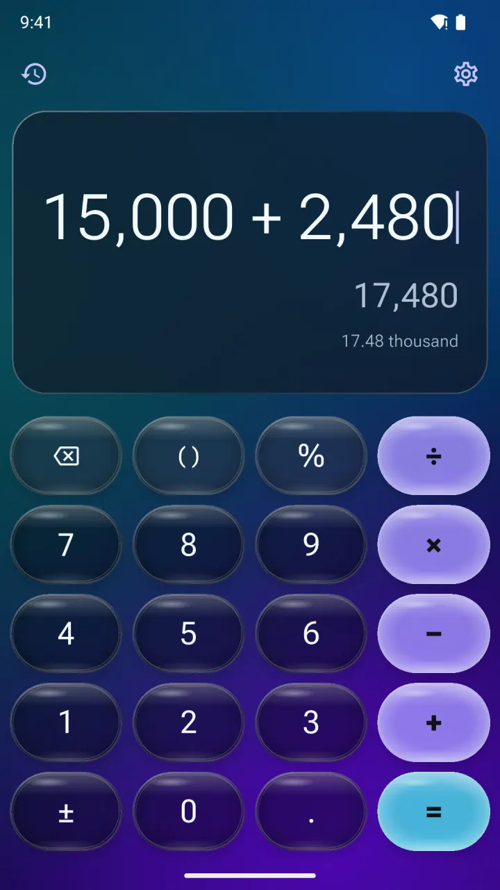 Calsee in Midnight Lens, a Liquid Glass theme with translucent navy keys, violet operators and a cyan equals key over a teal-to-purple glow.
