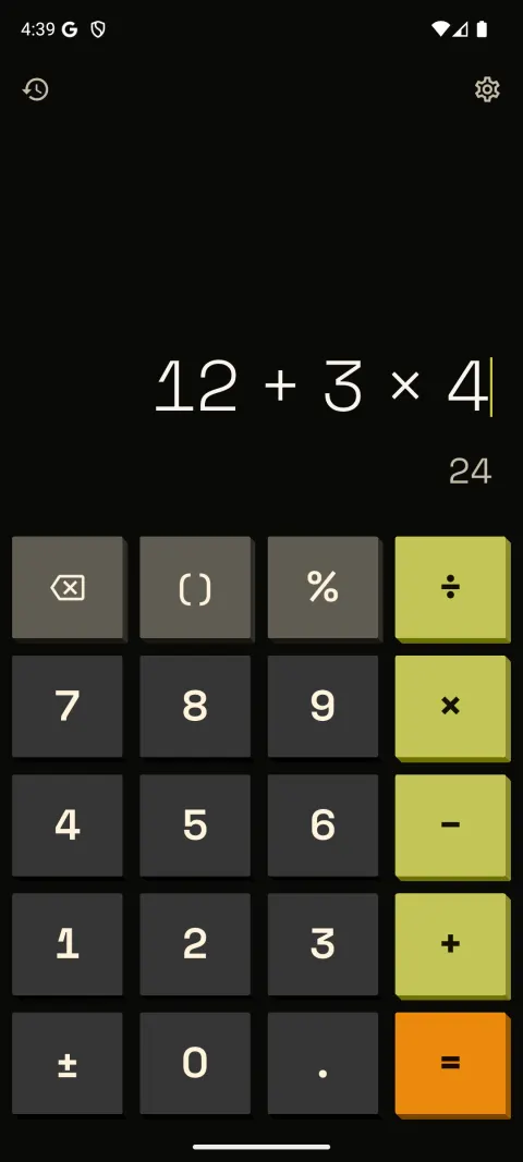 A NeoPOP theme with yellow-green operators and an orange equals key.