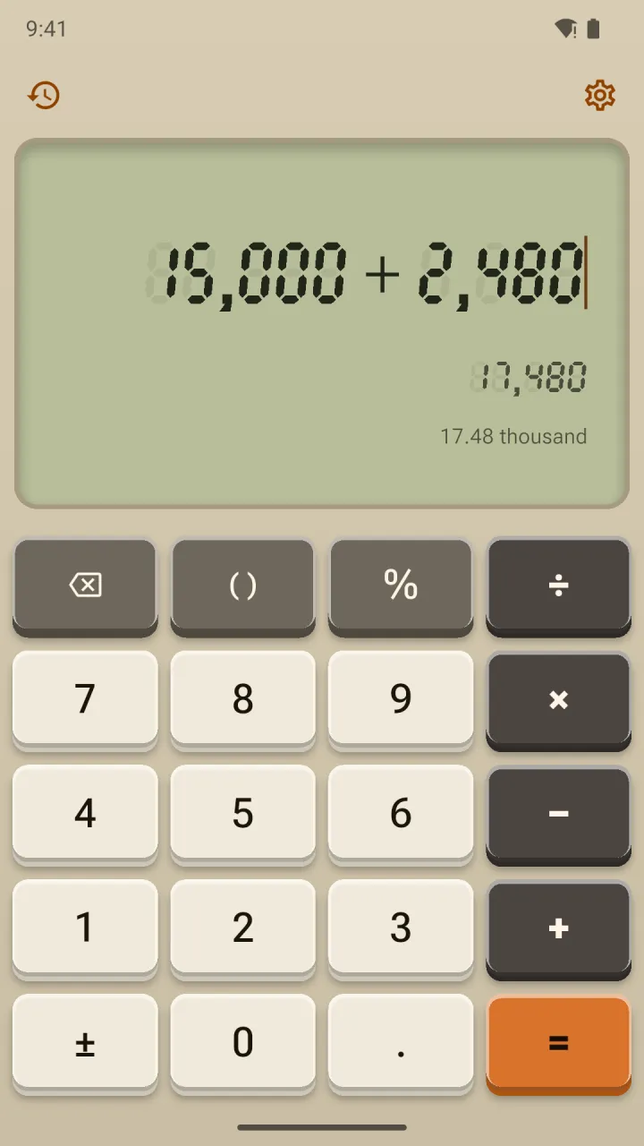Calsee in Oatmeal Desk, a beige desk-calculator theme with a green seven-segment LCD and an orange equals key.