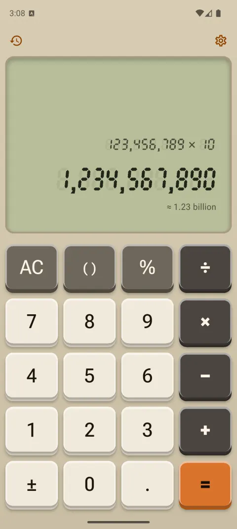A beige desk calculator theme with a green LCD.