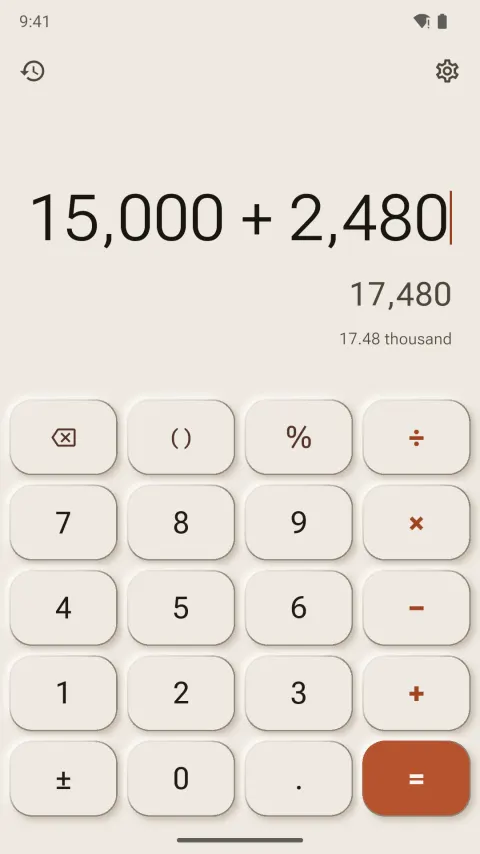 Before the swipe: Calsee in Porcelain Morning, a light neumorphic theme, showing 15,000 + 2,480 with the preview 17,480.