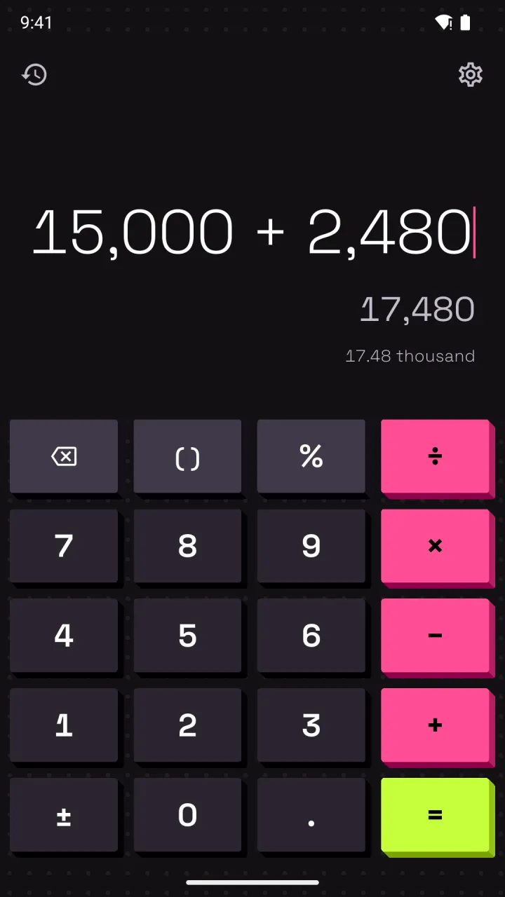 Calsee in Voltage Pink, a NeoPOP theme with hot pink operators and a lime equals key on near-black.